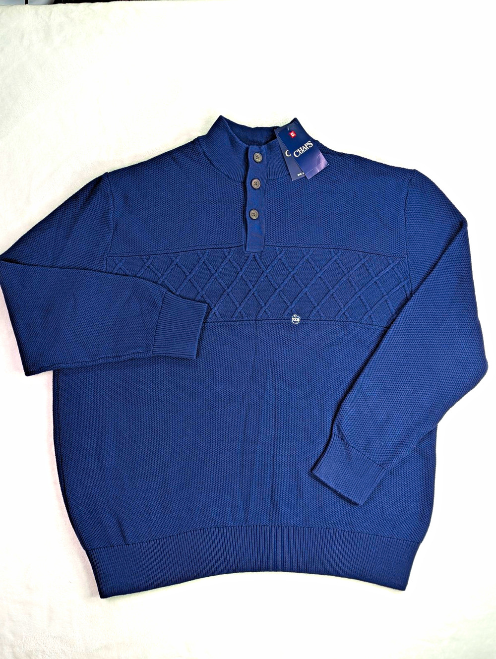 CHAPS Men's 3XB Sweater Navy Blue 100% Cotton Button Mock Neck Lattice Chest NWT